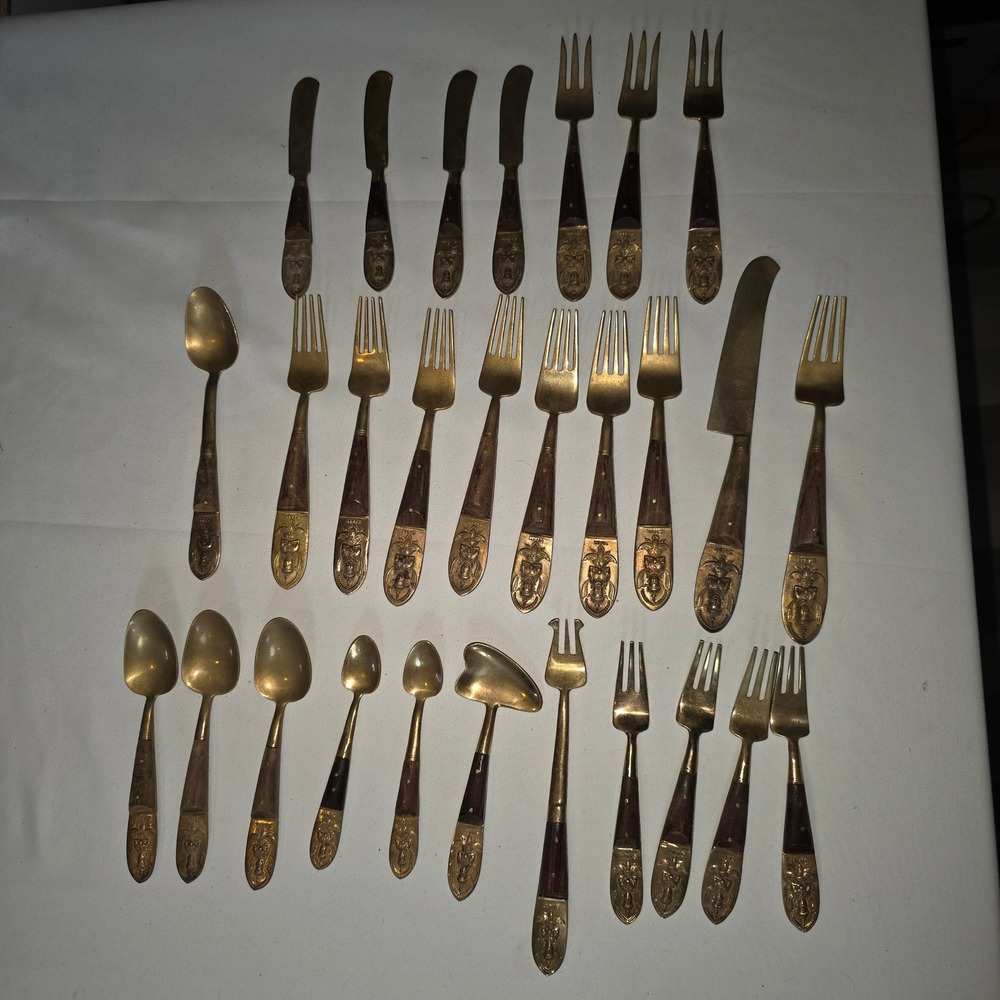 Vintage Siam Bronze Wood Flatware Set 28pc Thai Deity Brass Mid Century Modern‎